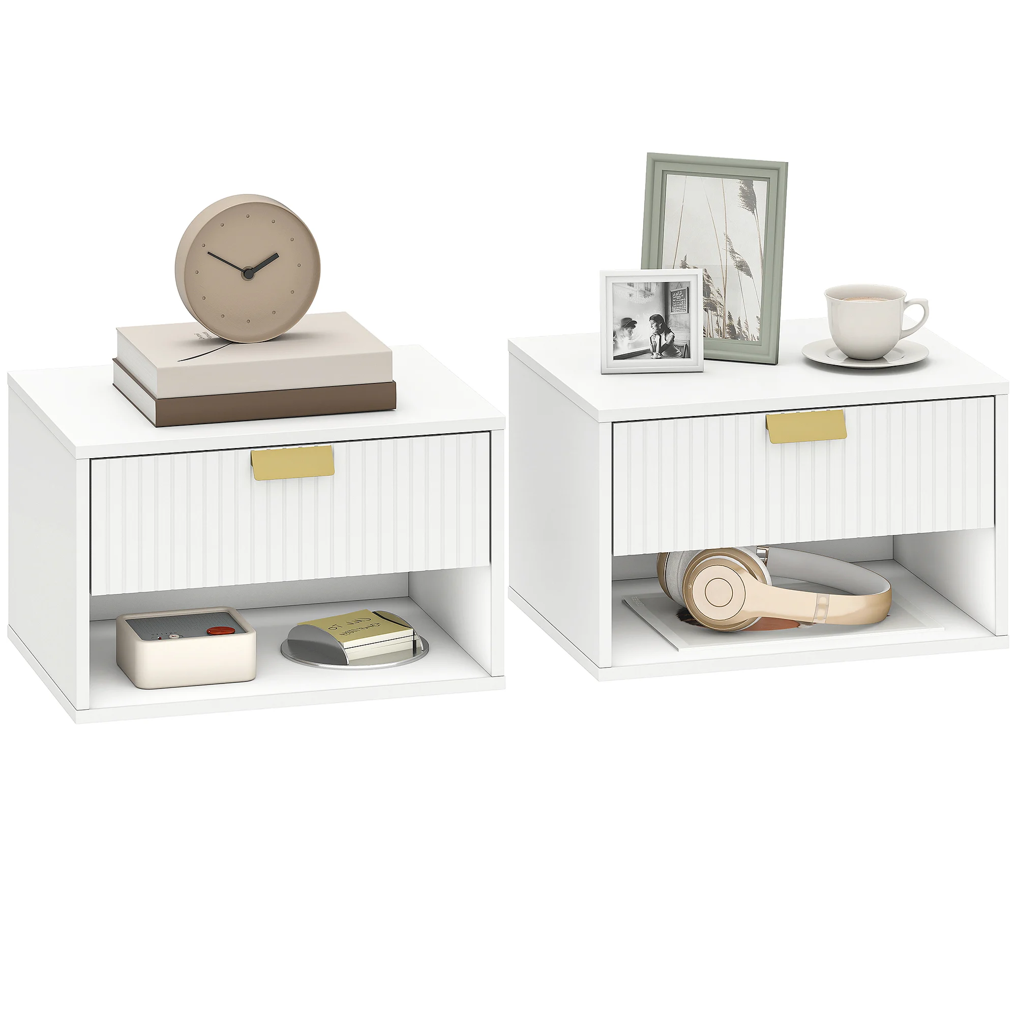 Conjunto de mesas de cabeceira flutuantes, com gaveta e prateleira, 40x30x25cm branco BTFORUS
