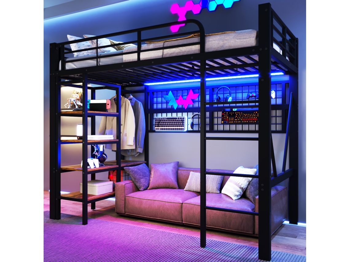 Cama Alta 90x200 Cm Com Ferro Prateleira Rede Barra Roupas Led Preto