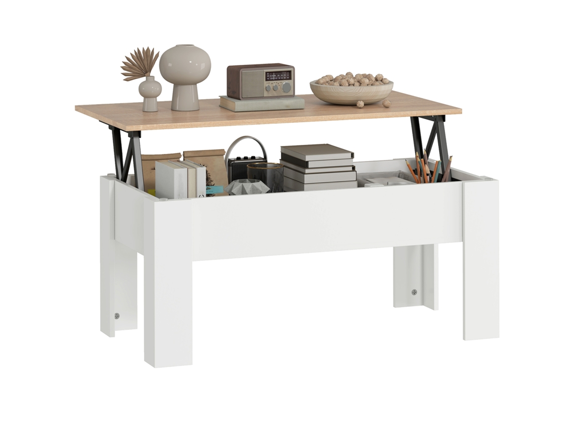 Mesa De Centro Retrágica, Mesa De Centro Com Compartimento Escondido, Estilo Moderno, Para Sala De Estar, Escritório, 100x50x45cm, Branca-ry