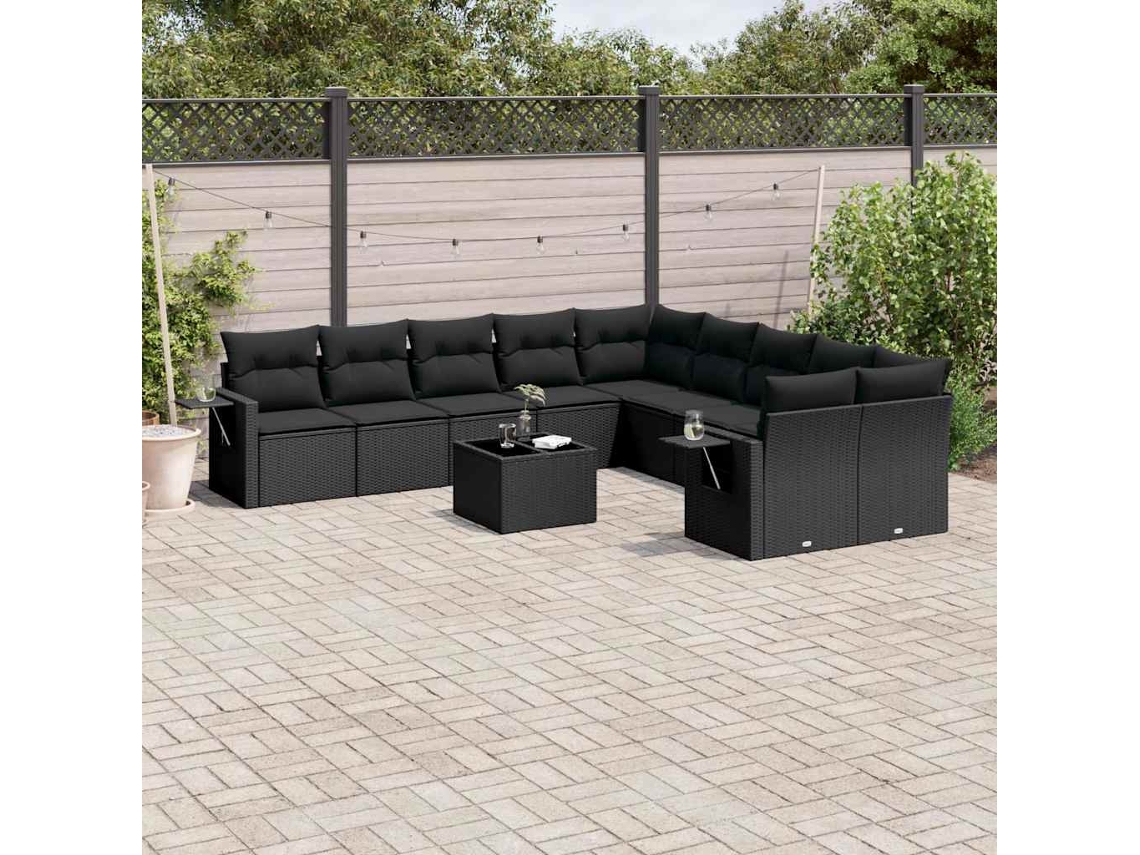 Vidaxl 11 Pcs Conjunto Sofás De Jardim C/ Almofadões Vime Pe Preto