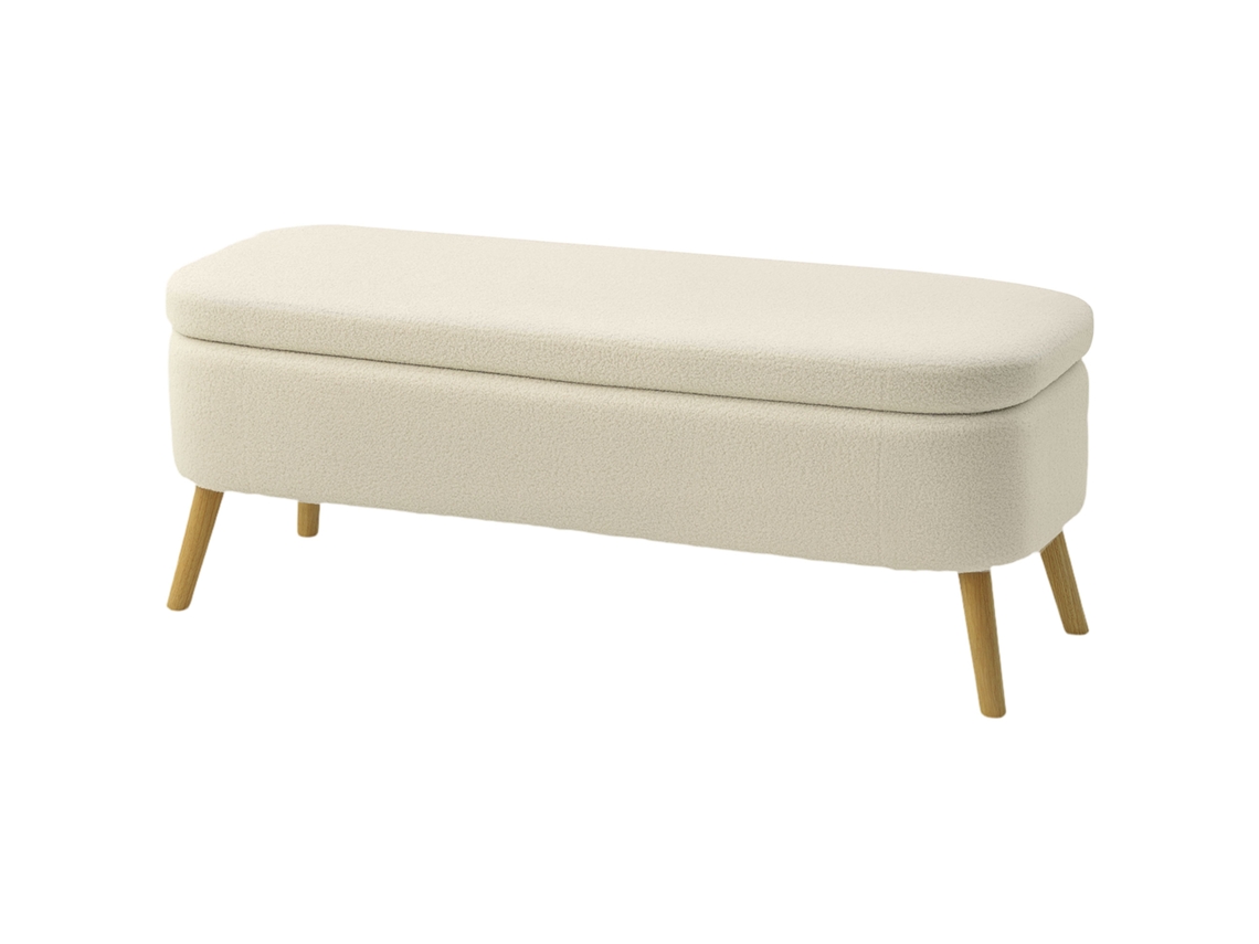Banco Arrumação 65l Em Tecido Teddy Com Madeira, 120x42x45cm, Bege