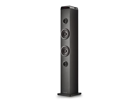 Torre de som Skycharm Pro de 50 W, função de streaming, entrada para microfone, compatível com tecnologia Bluetooth. Rádio FM/USB/Óptico/Auxiliar. Controle remoto.