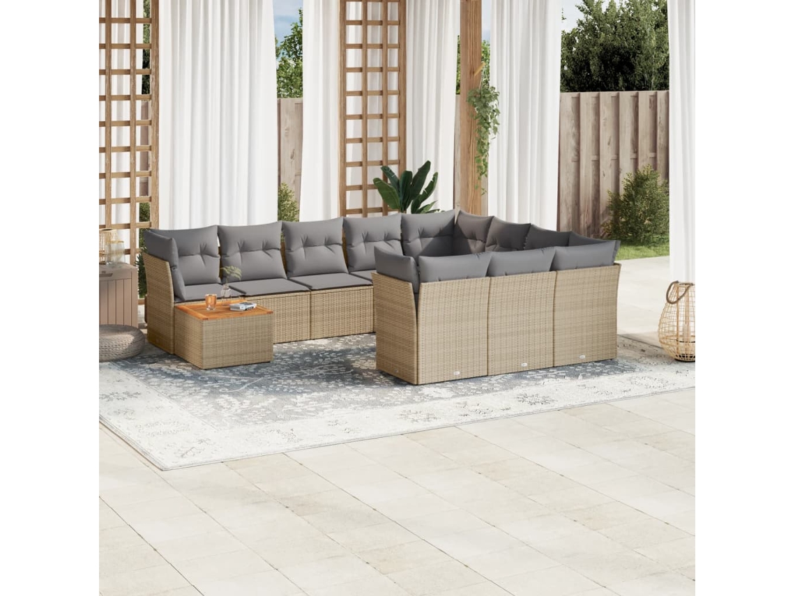Vidaxl 11 Pcs Conjunto Sofás De Jardim C/ Almofadões Vime Pe Bege