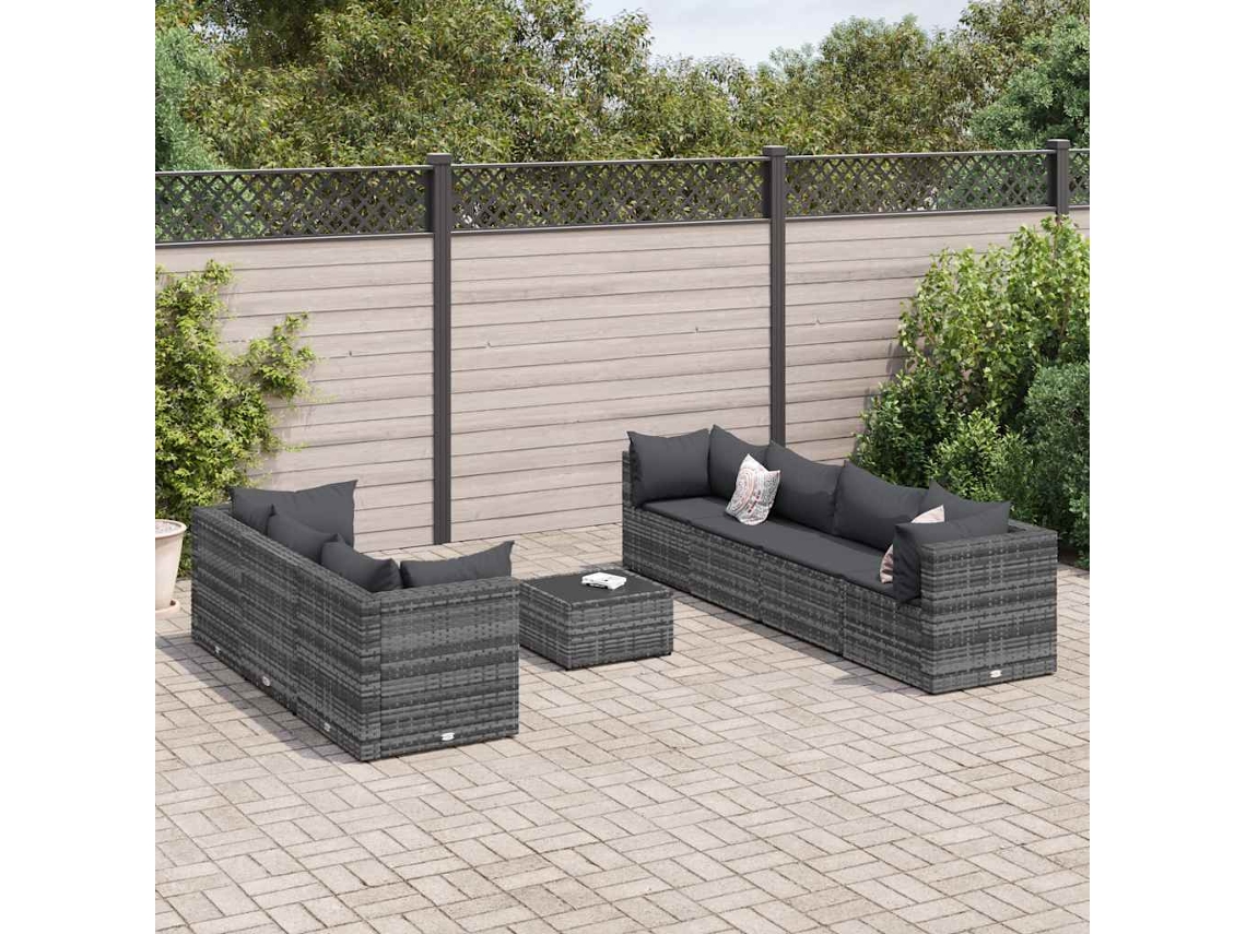 8 Pcs Conjunto Lounge De Jardim C/ Almofadões Vime Pe Cinzento Dkd Home Decor