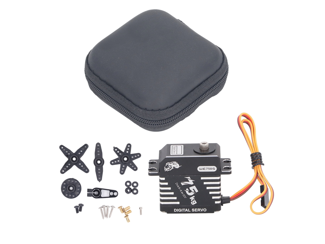 Servo direcional digital brushless de 75 kg e 180° com engrenagens de metal, à prova d'água, para carros e robôs RC em escala 1/10, 1/8 e 1/5.