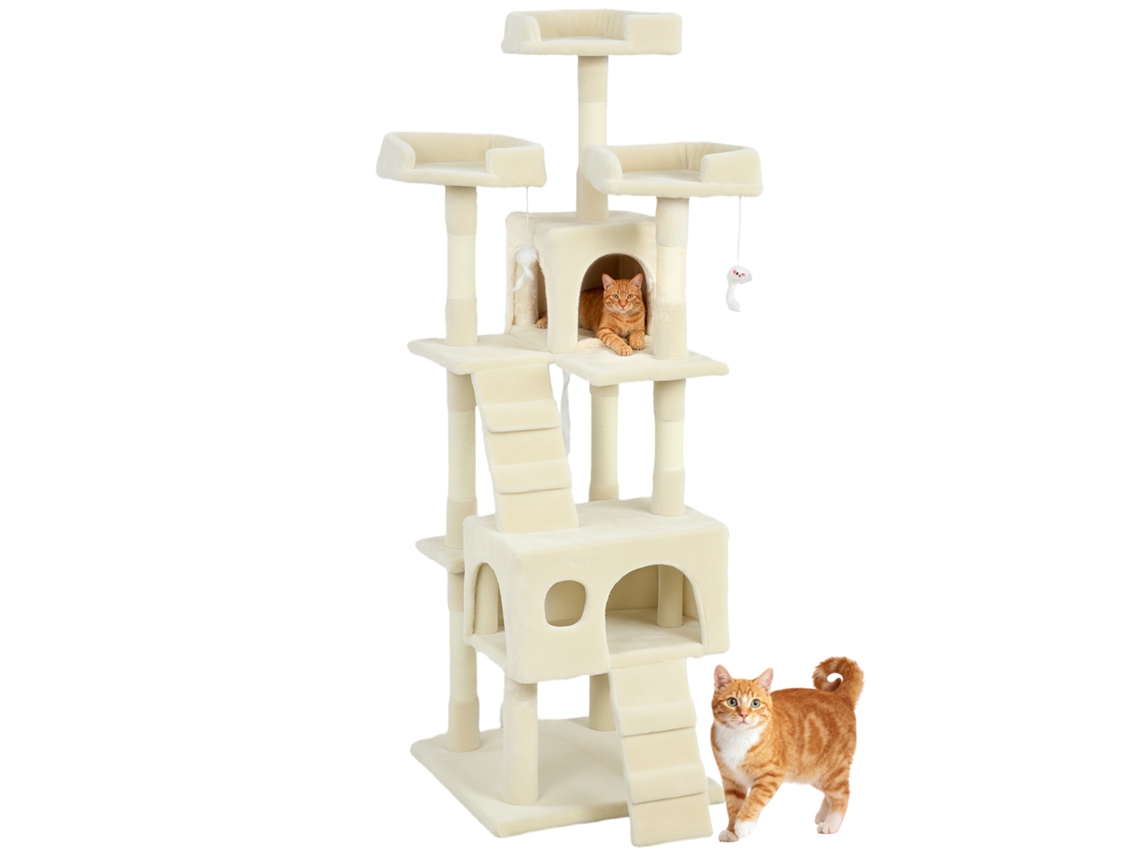 Torre Riscador Gatos 153 Cm 2 Cuevas 3 Camas 2 Rampas Sisal Ratos Pendurados Creme