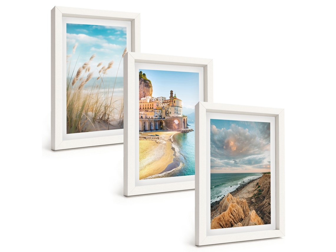 Composição De Quadros Paisagens, Praia, Penhascos, Cidade Moldura Branca Quadros Para A Sala De Estar Espelharte (3 Peças 20x30 Cm)