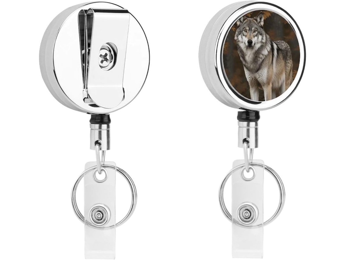Clipe Crachá Com Estampa De Lobo Cinzento Selvagem, Porta Crachá Charmoso, Carretel Retrátil De Metal
