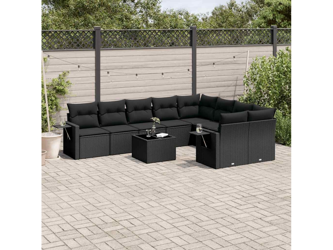 Vidaxl 10 Pcs Conjunto Sofás De Jardim C/ Almofadões Vime Pe Preto