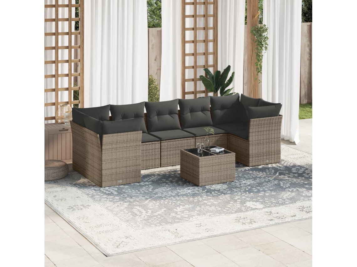 Vidaxl 8 Pcs Conjunto Sofás De Jardim C/ Almofadões Vime Pe Cinzento