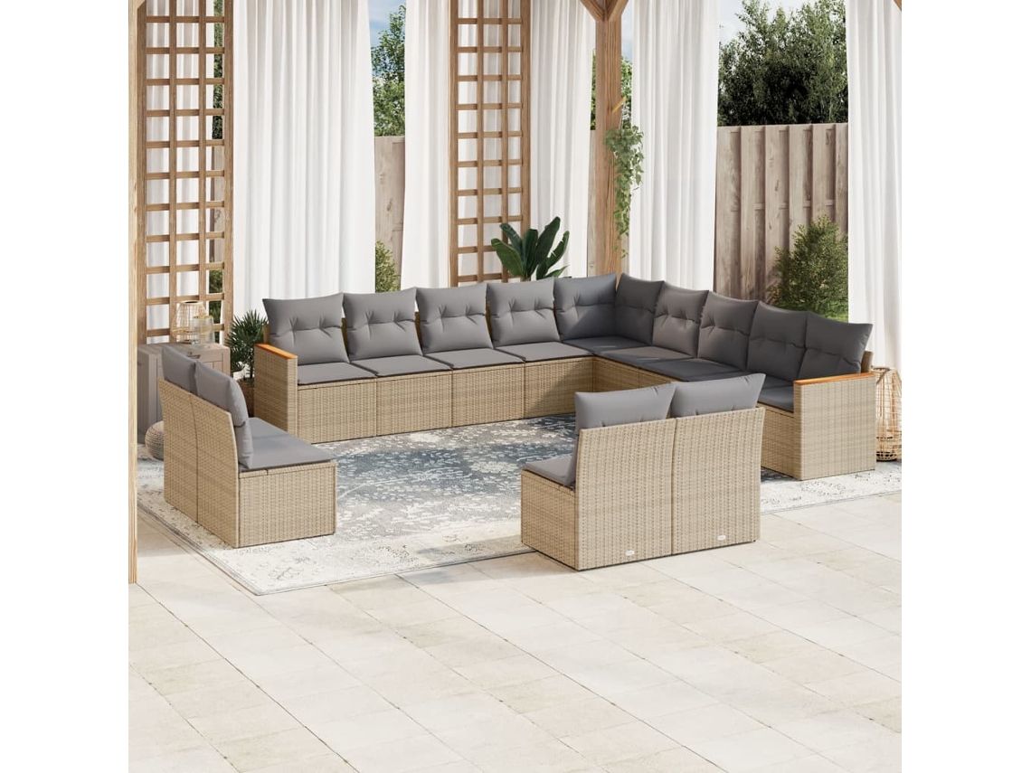 Vidaxl 13 Pcs Conjunto De Sofás P/ Jardim Com Almofadões Vime Pe Bege