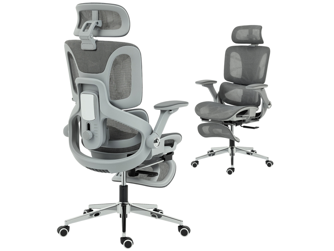 Cadeira De Escritório Ergonómica Em Rede Cinza, Braços 4d, Apoio De Cabeça E Profundidade De Assento Reguláveis