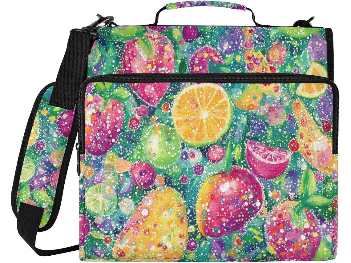 Organizador de massa de grande capacidade com 3 argolas e alça, estampa de frutas, ideal para mesa, escola e outros fins.