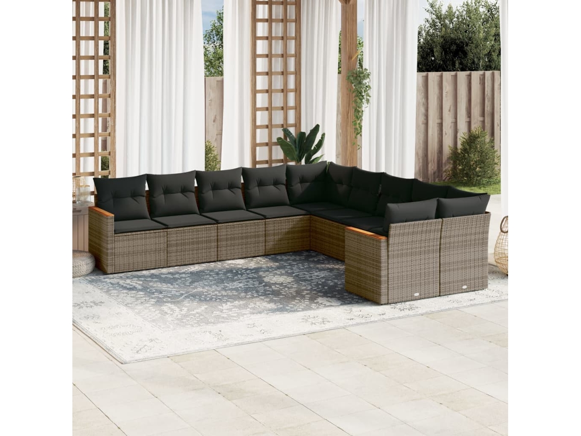 Vidaxl 10 Pcs Conjunto Sofás De Jardim C/ Almofadões Vime Pe Cinzento