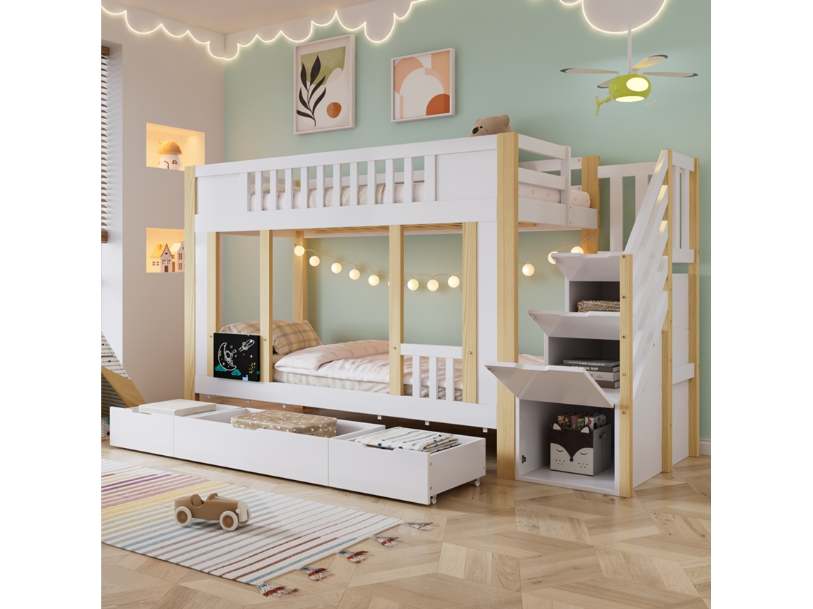 Beliche Infantil Escada 3 Gavetas Lousa Branco Natural 90x200