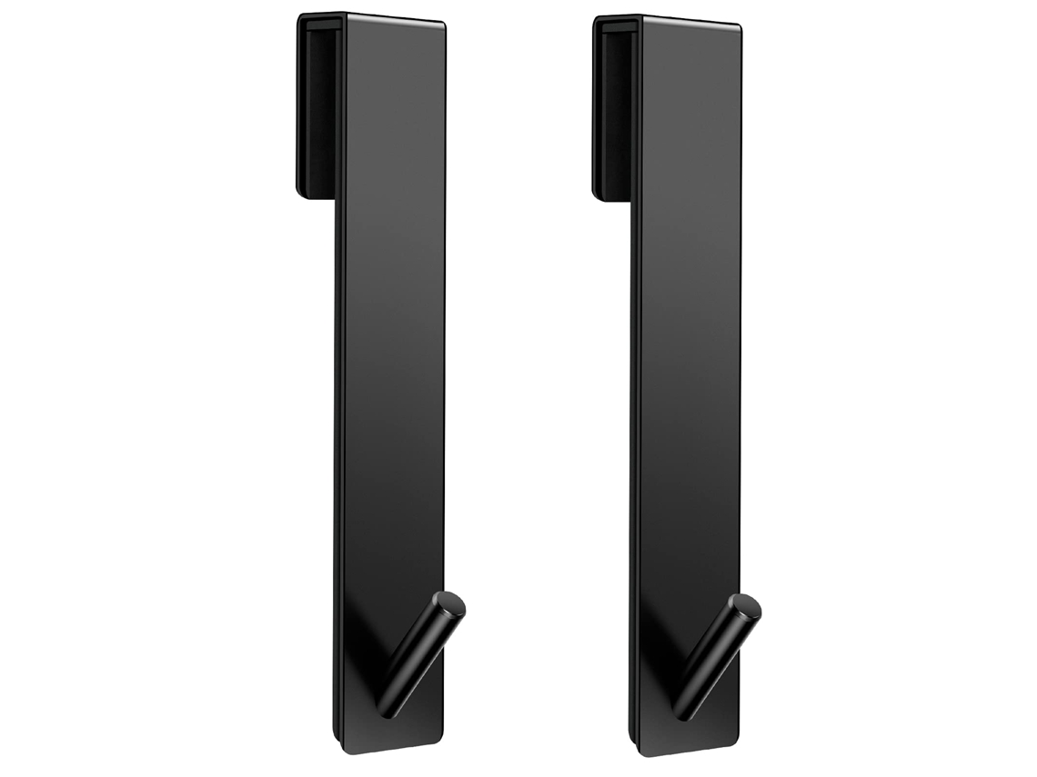 Gancho Traseiro para Porta de Banheiro Preto Longo, 2 Peças. Aço Inoxidável Reforçado, Compatível Porta Vidro Sem Moldura, Serve Roupão e Toalhas.