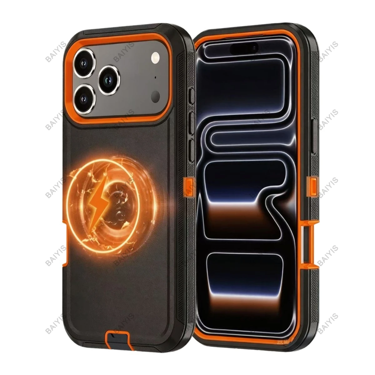 (preto/laranja, Iphone 15 Plus) Capa Protetora Resistente A Impactos, Compatível Com Carregamento Sem Fio Magnético Magesafe.