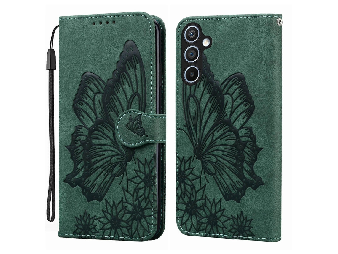 Capa De Celular De Couro Com Estampa De Borboletas Retrô E Relevo Horizontal