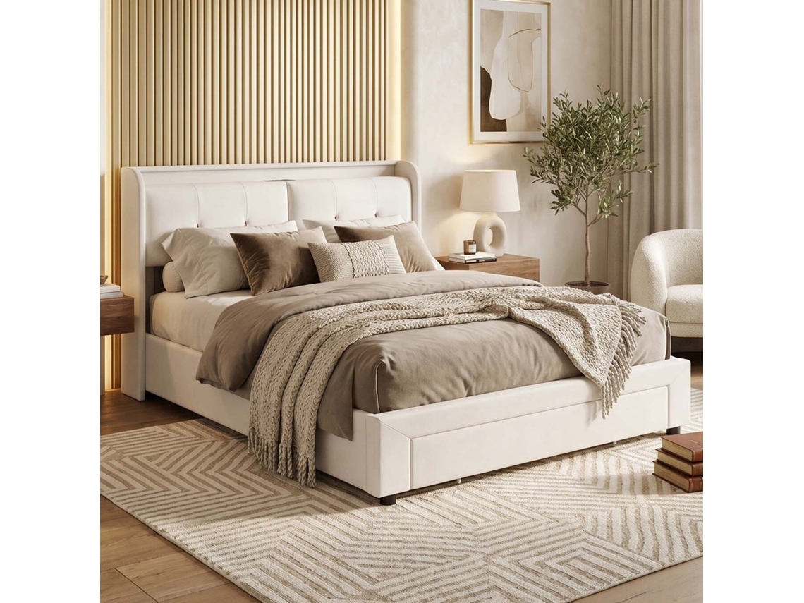 Cama de Solteiro Linho com Led RGB, USB, Gavetas LAZYSPACE