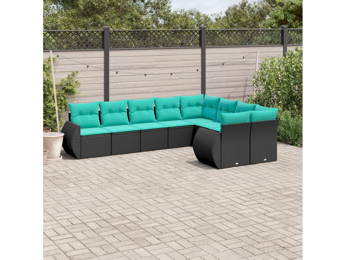 Vidaxl Conjunto De Sofá De Jardim De 9 Peças Com Almofadas Em Rattan Sintético Preto