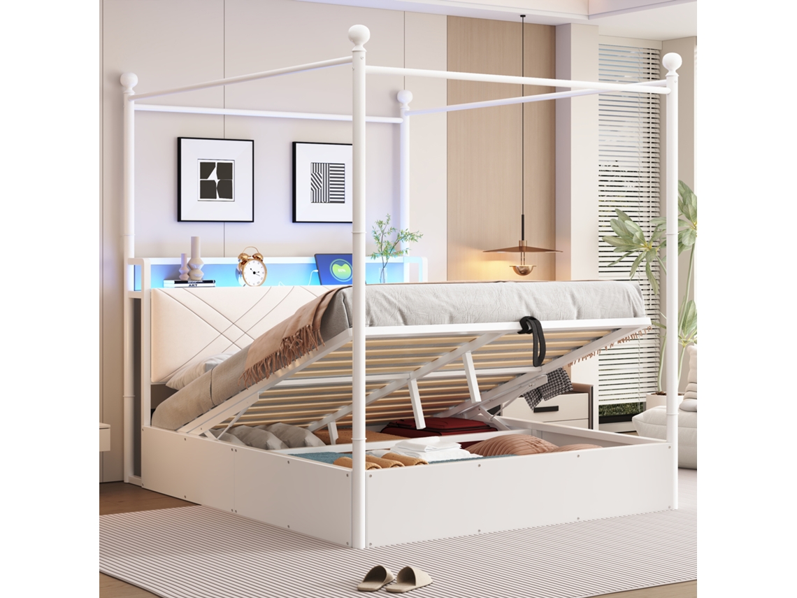 Cama Ferro Forjado 140x190 Hidráulica Dossel Led Usb Branca