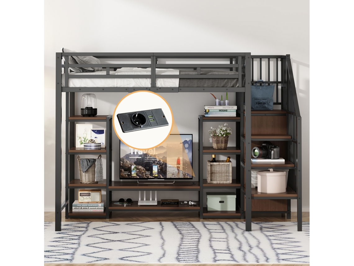 Cama Alta 90x200 Cm Com Suporte Para Tv, Tomada E Escada De Segurança, Estrutura Metal/madeira, Espaço De Armazenamento, Preta