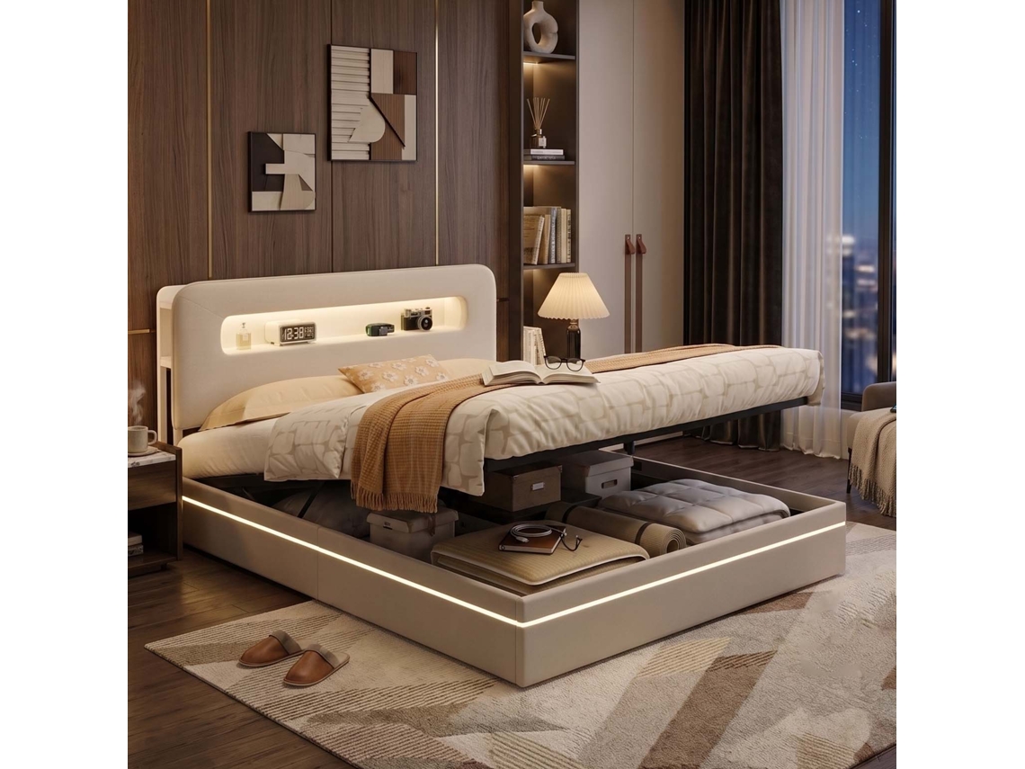 Lazyspace Cama De Casal Estofada Em Veludo 160x200 Cm Com Iluminação Led Arrumação Hidráulica E Nicho Integrado - Bege