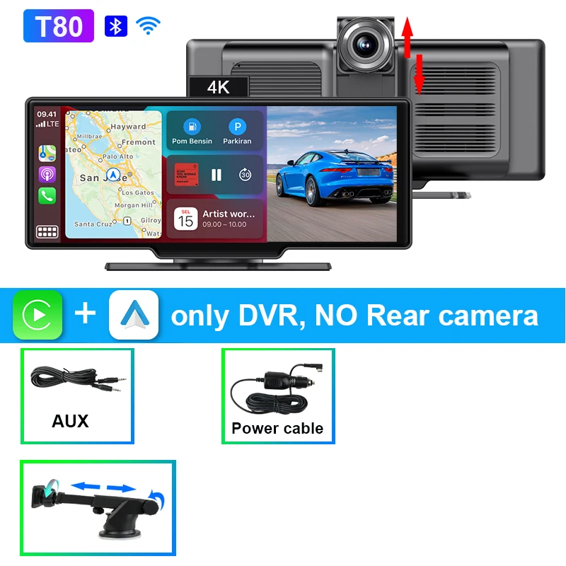 (t80 Sem Cartão) Câmera De Painel 4k De 10,26 Polegadas, Carplay Sem Fio, Gravação Dupla Frontal E Traseira