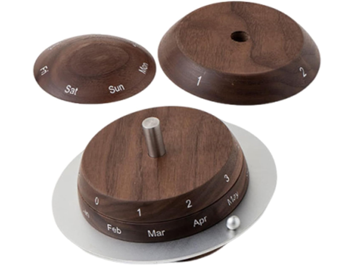 Calendário De Mesa Perpétuo Rústico Em Madeira, Com Padrão Planetário Giratório Manual.