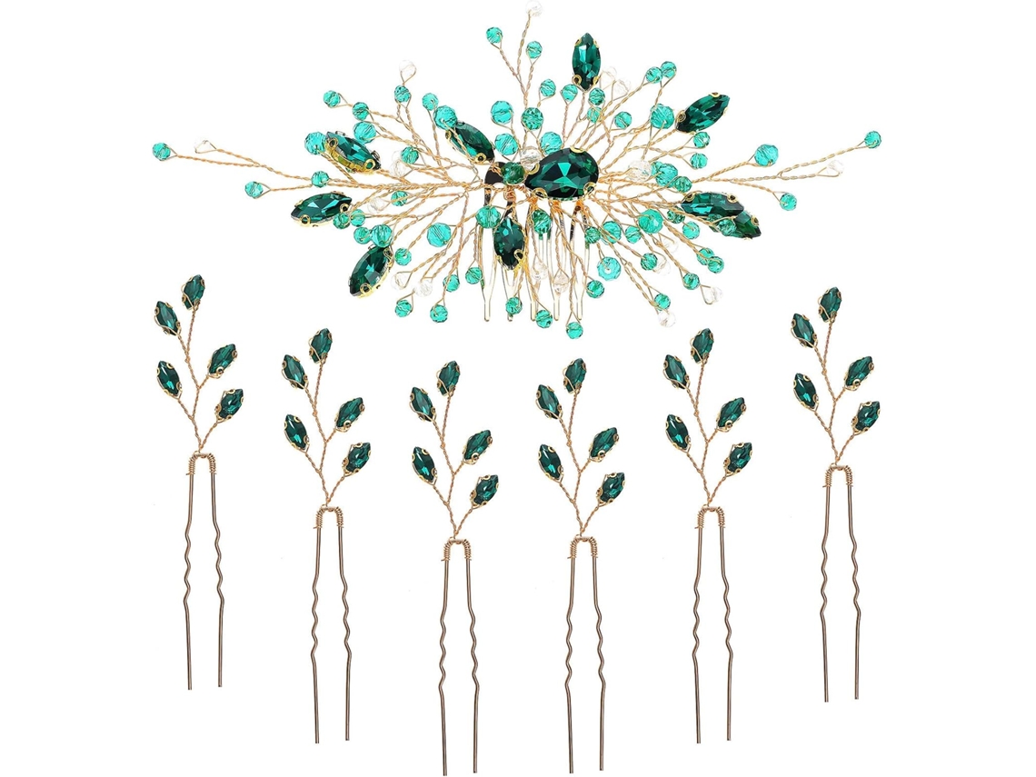 Acessórios de cabelo para casamento – Conjunto de 7 pentes de cabelo verdes para mulheres e meninas