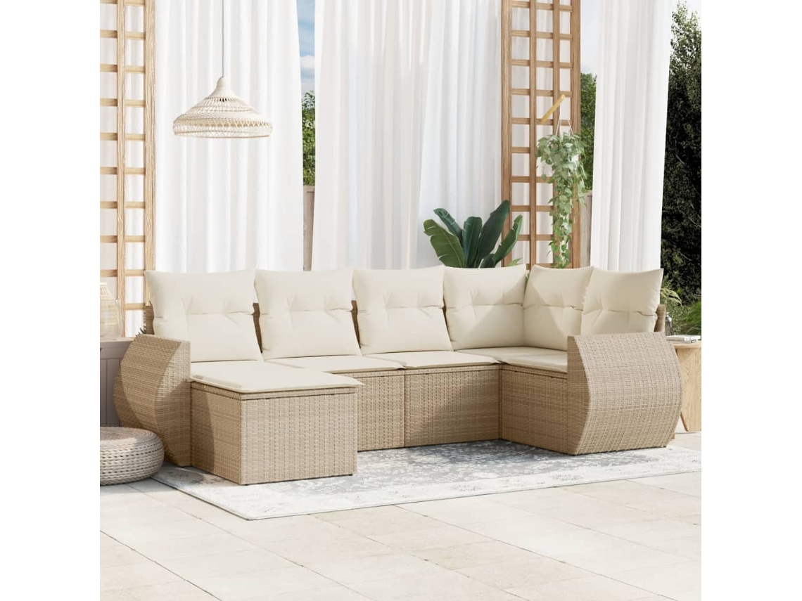 Vidaxl 6 Pcs Conjunto De Sofás P/ Jardim Com Almofadões Vime Pe Bege