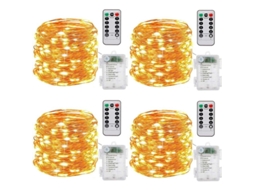 Cordón De Luces Con Batería, conjunto De 4 10m 100 Leds Con Función De Temporizador, Control Remoto, Ip65 Impermeable, Cálido