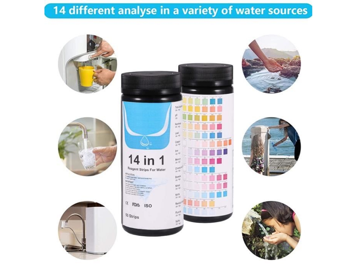 Kit de Teste de Água Potável 14 em 1 com Tiras de Teste de Água de 100 Poços e Teste de Qualidade para Detectar Dureza Ph