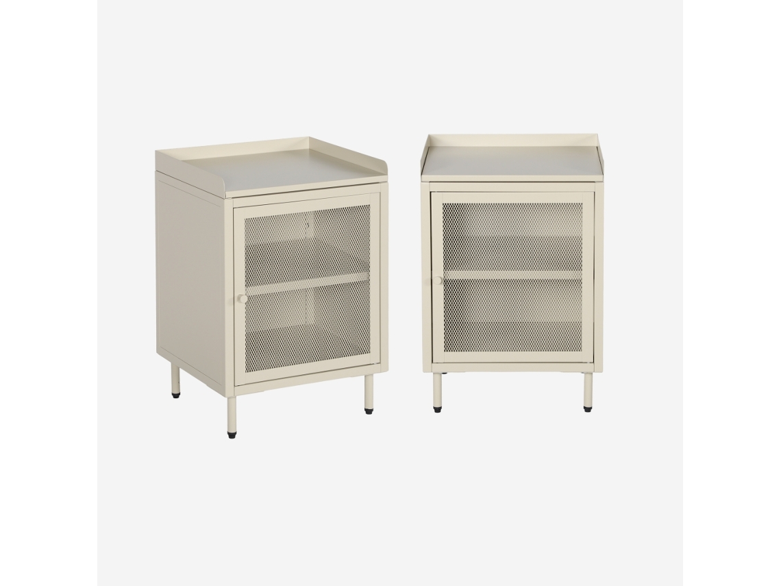 Mesa De Cabeceira Industrial Em Metal Com 1 Porta, Set De 2, Creme