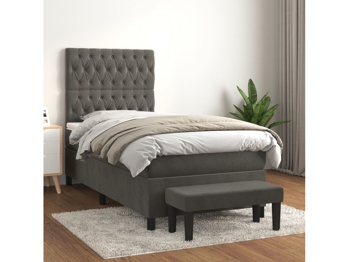 Vidaxl Cama Com Molas/colchão 90x200 Cm Veludo Cinza-escuro