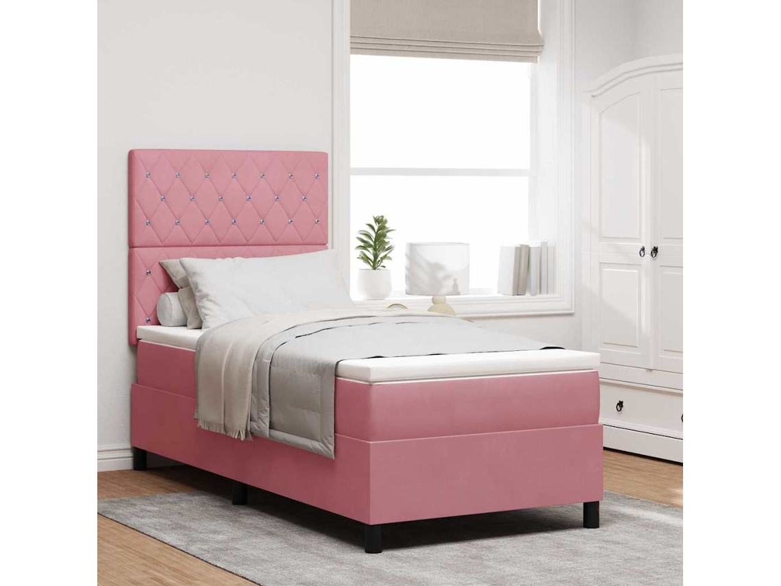 Vidaxl Cama Box Spring Led Com Colchão Rosa 100 X 200 Cm Veludo