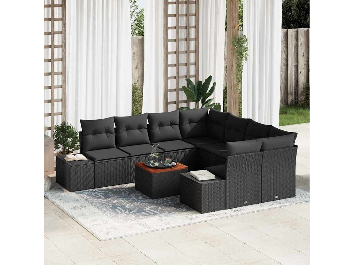 Vidaxl Conjunto de Sofá de Jardim com Almofada 9 Pcs Preto Vime Pe