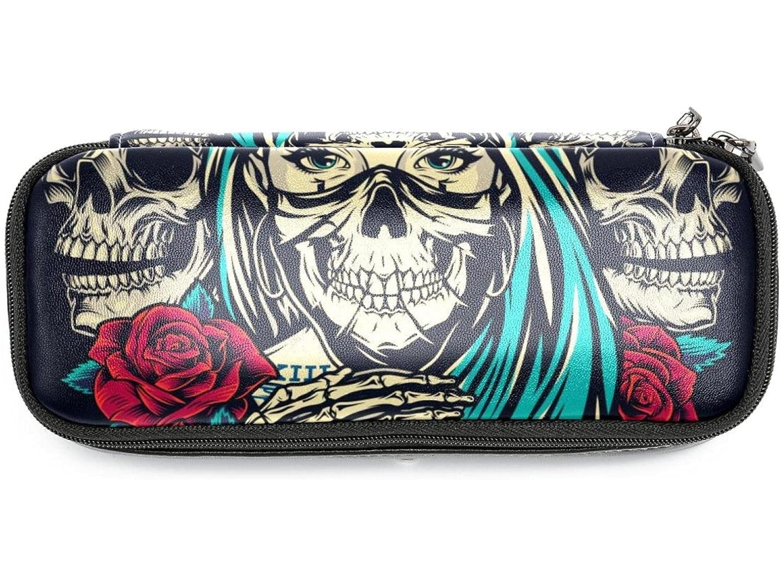 Estojo Grande Com Design Vintage De Caveira E Rosa, Ideal Meninas, Escola, Escritório, Adultos E Crianças