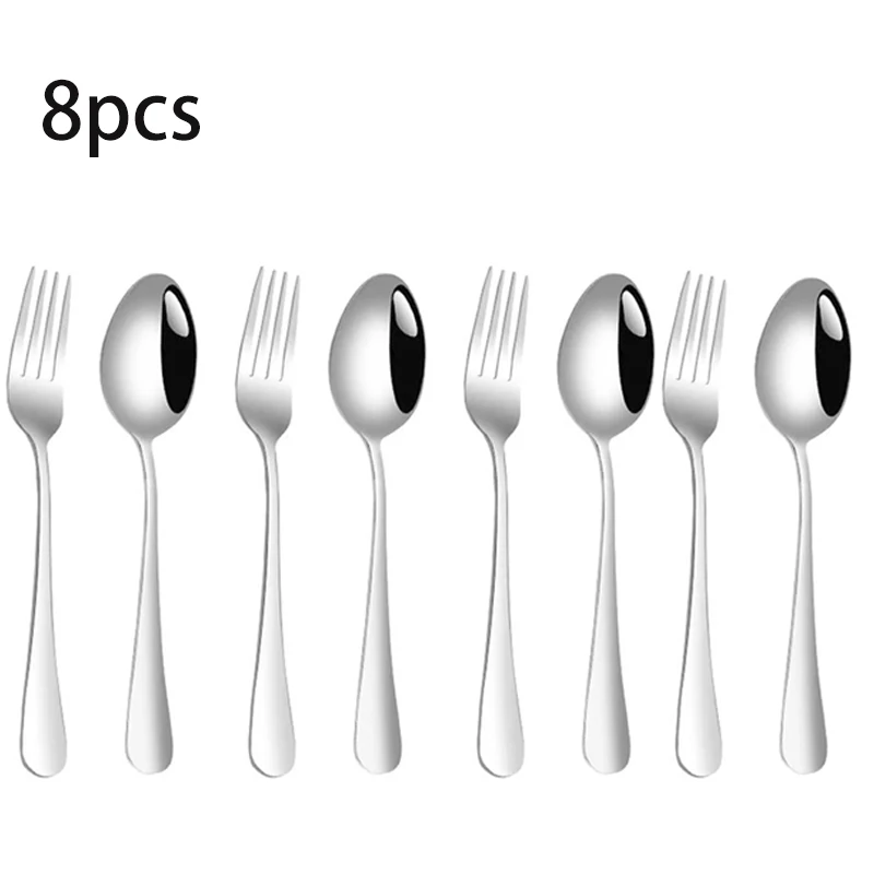 Conjunto De 8 Peças De Colheres E Garfos Em Aço Inoxidável Prateado, Simples E Elegante, Uma Escolha Essencial Para Hotéis E Restaurantes Familiares.