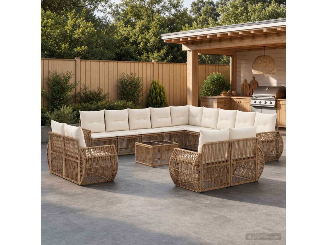 Vidaxl Conjunto De Sofá De Jardim 14 Unid. Bege E Branco Creme Vime Pe