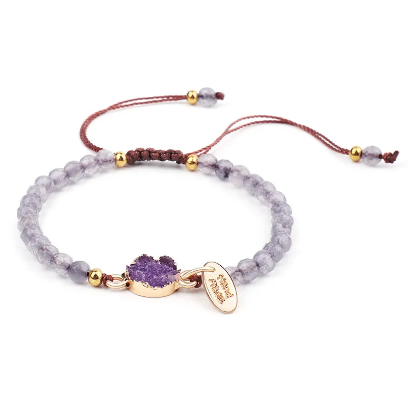Pulseira De Contas De Cristal Natural (roxa) Para Chakras, Pulseira De Corda Trançada Com Seção Transversal Irregular.