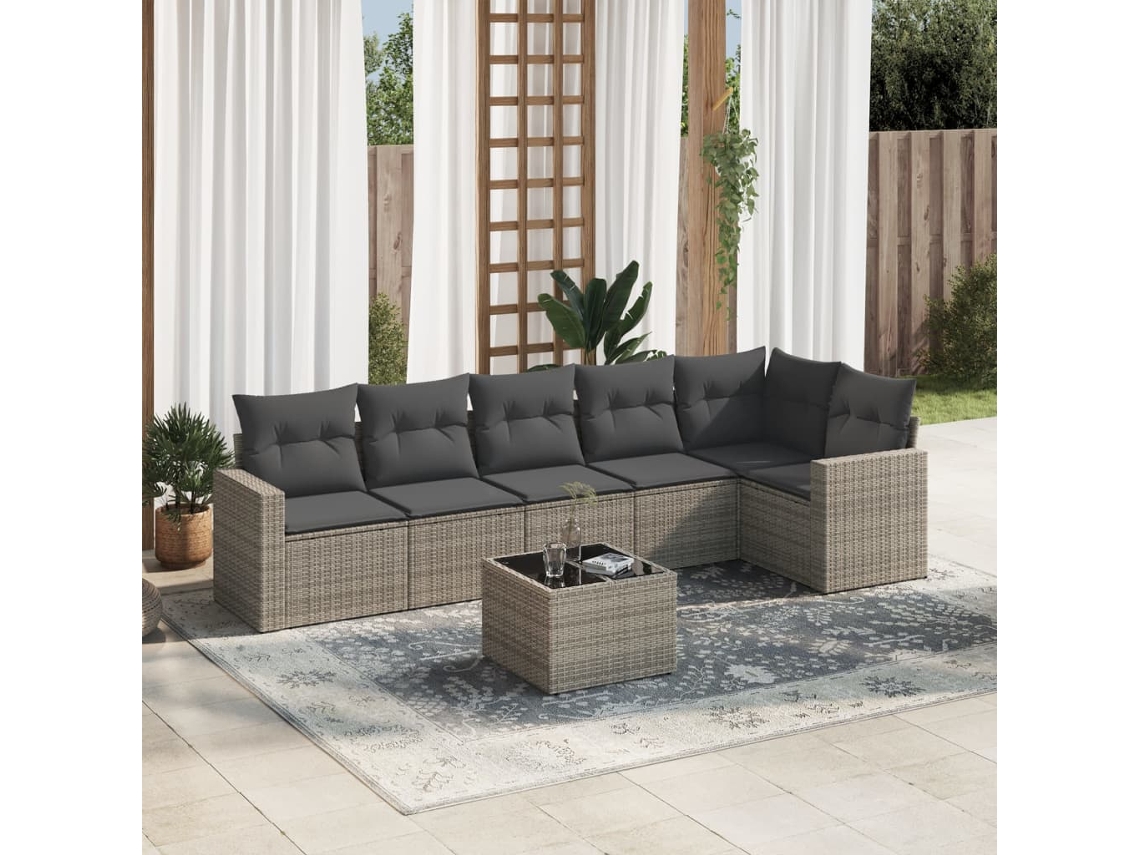 Vidaxl 7 Pcs Conjunto Sofás P/ Jardim C/ Almofadões Vime Pe Cinzento