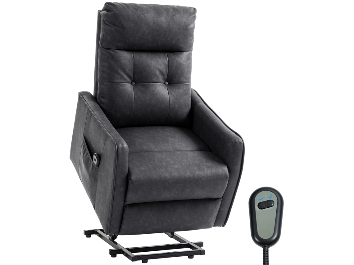 Poltrona Relax Reclinável E Elevatória Em Couro Pu Cinzento Com Controlo Remoto, Molas E Apoio Para Os Pés