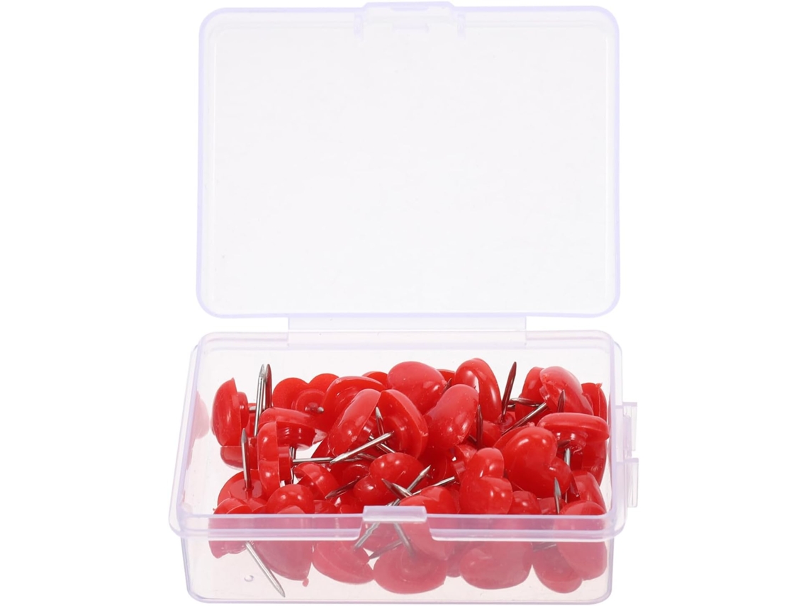 Tachinhas de plástico em formato de coração, rosa e vermelho, para decoração de casa e fixação de fotos em quadrados de cortiça.