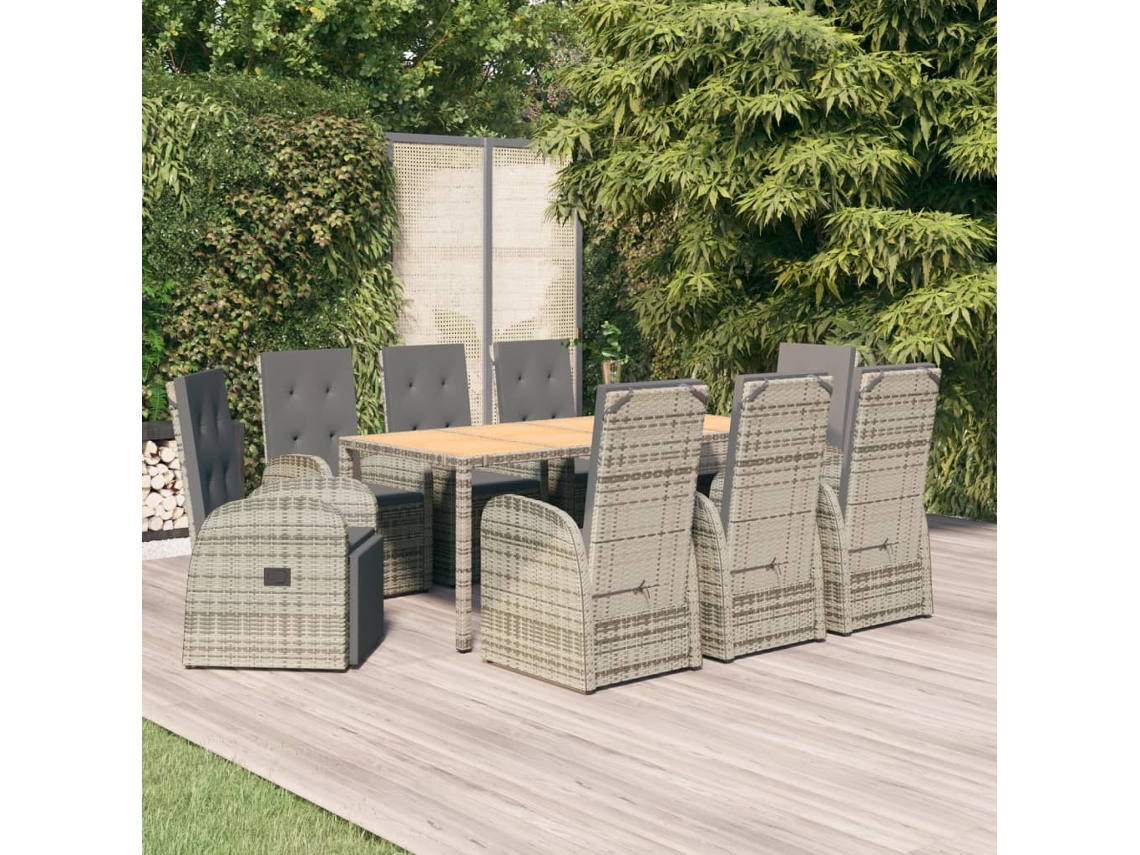 Vidaxl 9 Pcs Conjunto De Jantar P/ Jardim C/ Almofadões Vime Pe Cinza