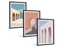 Composição De Quadros Gráficos Arquitetônicos Em Tons Pastel Moldura Preta Quadros Para A Sala De Estar Espelharte (3 Piezas De 40x60 Cm)