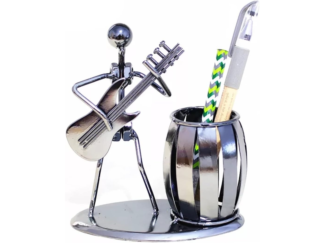 Porta-canetas de mesa, músico de metal tocando, acessórios de escritório, porta-lápis