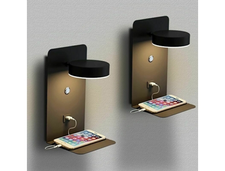 2 Peças Candeeiro De Parede Led Com Porta Usb, 12w, Tricolor, Regulável, 330° Rotativo, Para Quarto Kofihety (preto)