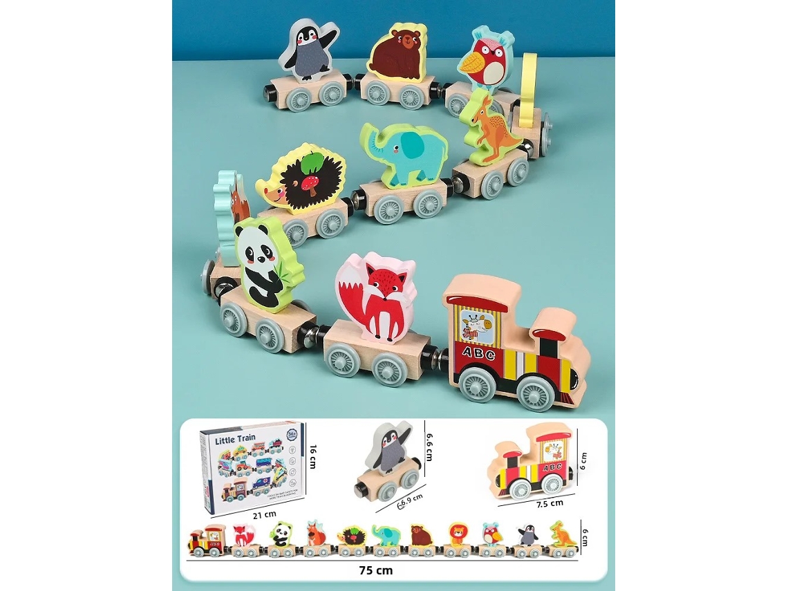 Tren de madera (animal), juego de rompecabezas con animales y frutas.