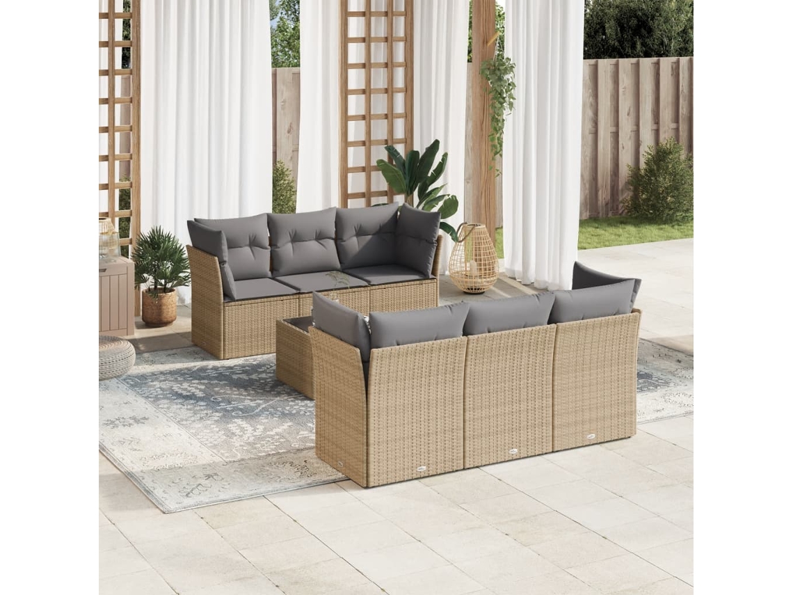 Vidaxl 7 Pcs Conjunto De Sofás P/ Jardim Com Almofadões Vime Pe Bege